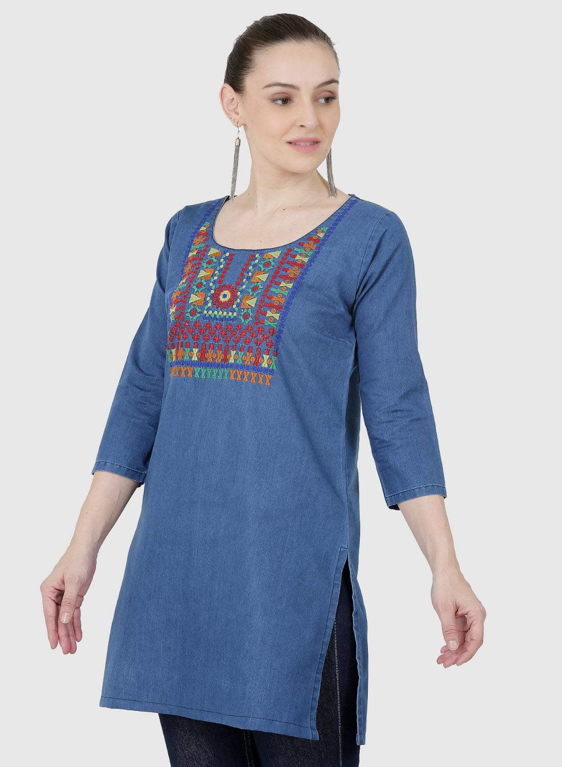 Rayon readymade kurti blue with stone work neck pattern without pant –  Maatshi